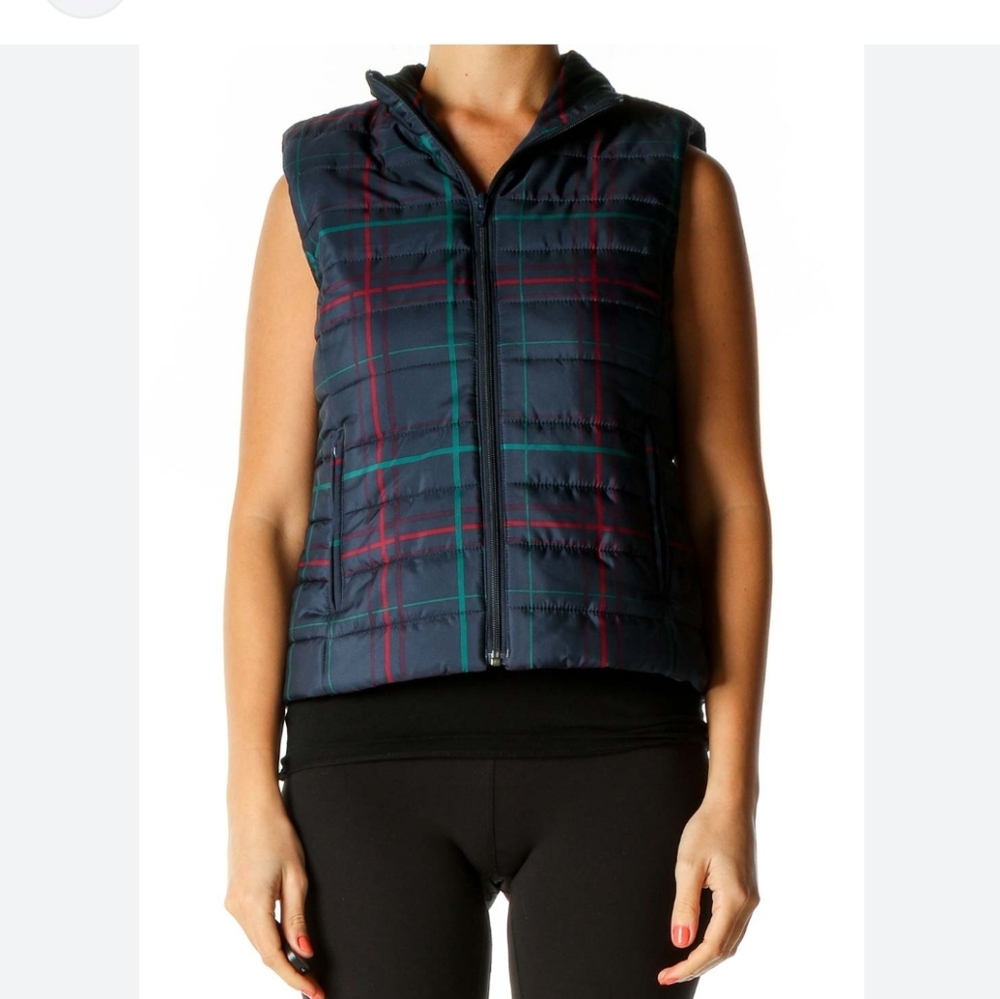 Loft Navy Blue, Green & Pink Plaid Puffer Vest